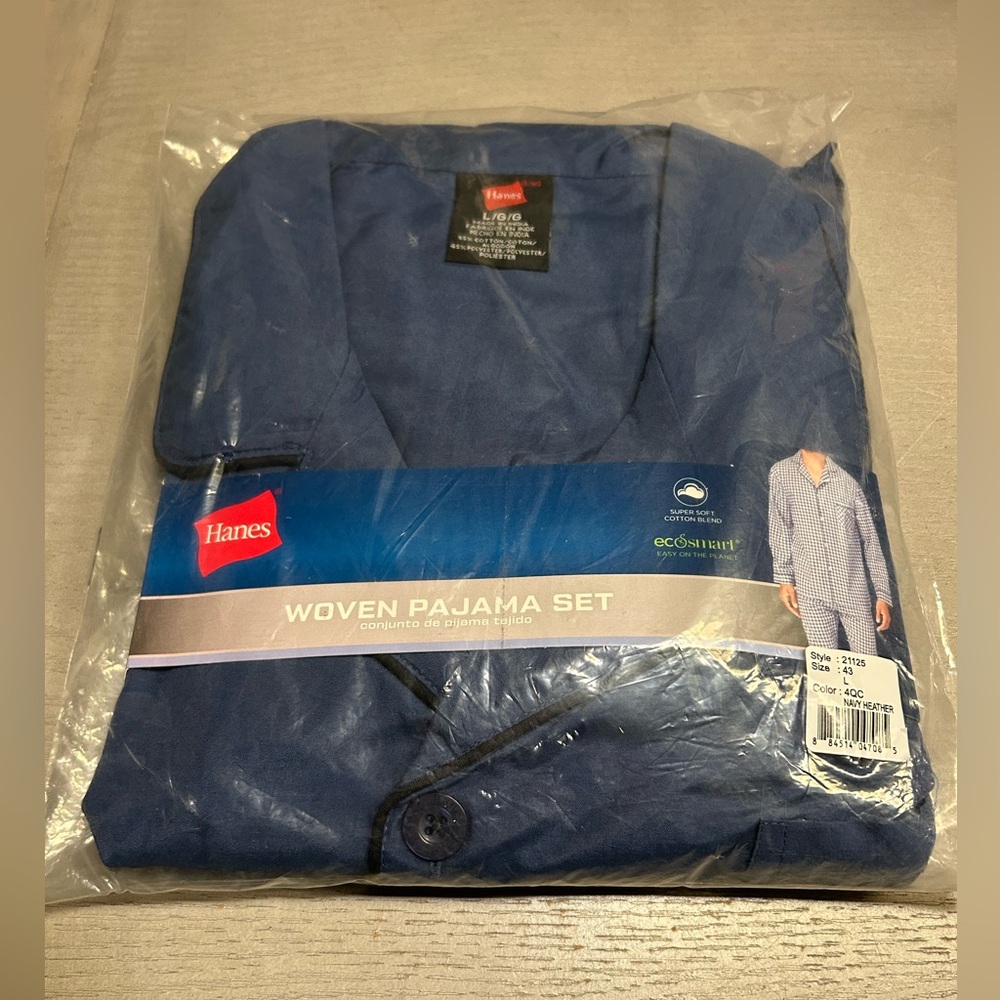 Hanes Men's Woven Pajama Set Ecosmart Long Sleeve Shirt‎ and Pant Size Large
